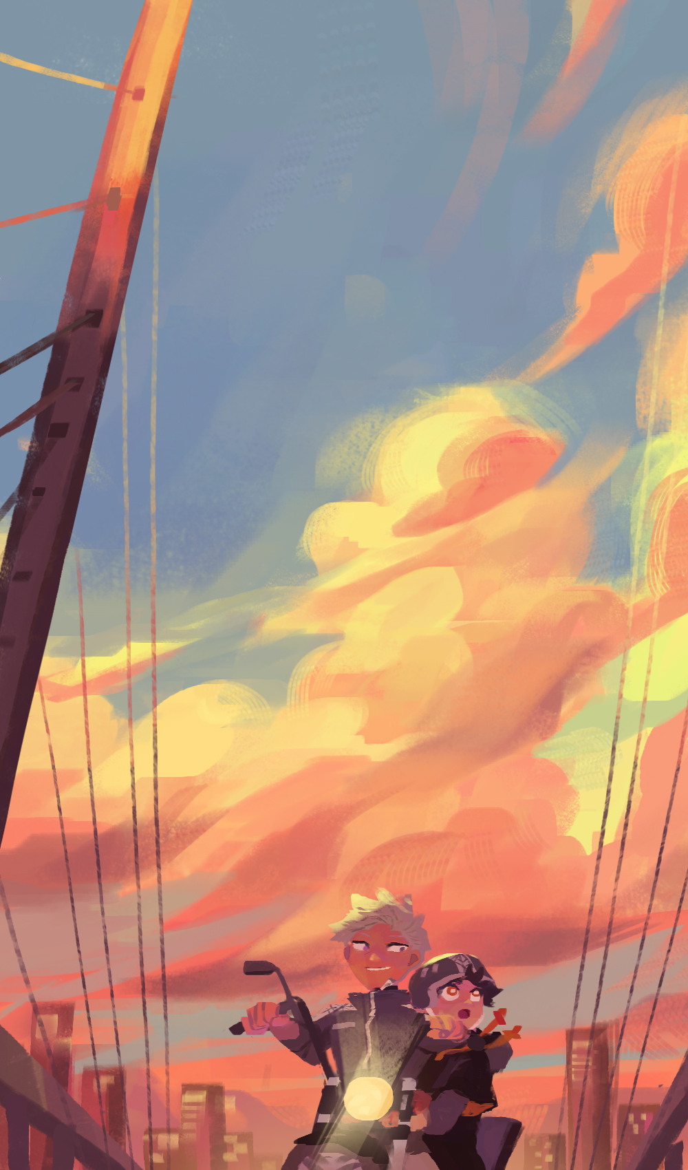 2boys, cloud, commentary_request, dusk, grey_hair, helmet, highres, kemono_jihen