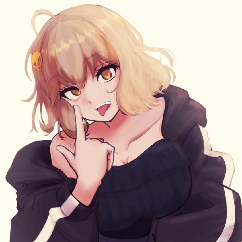 1girl, :p, ahoge, akanbe, alternate_costume, anis_(nikke), bare_shoulders, black_jacket, black_sweater, blonde_hair, breasts, casual, cleavage, collarbone, eri_aki0827, eyelid_pull, goddess_of_victory:_nikke, hair_ornament, highres, jacket, large_breasts, off-shoulder_jacket, off-shoulder_sweater, off_shoulder, orange_eyes, short_hair, solo, sweater, tongue, tongue_out, upper_body