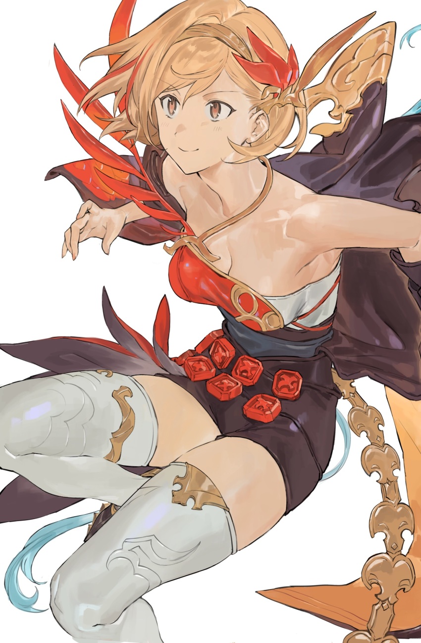1girl, bare_shoulders, blonde_hair, breasts, brown_eyes, brown_shorts, cleavage, closed_mouth, commentary_request, detached_sleeves, djeeta_(granblue_fantasy), firedancer's_roseplume_(granblue_fantasy), gloves, granblue_fantasy, hair_ornament, hairband, hashibiro_kou_(garapiko_p), highres, partial_commentary, shirt, shoes, short_hair, short_shorts, shorts, simple_background, single_detached_sleeve, single_glove, small_breasts, smile, solo, strapless, strapless_shirt, thighhighs, white_background, white_thighhighs