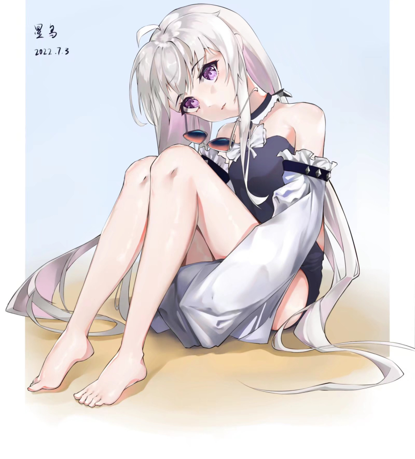 1girl, ahoge, bare_legs, barefoot, black_choker, black_one-piece_swimsuit, choker, dated, detached_sleeves, feet, frilled_choker, frills, grey_hair, highres, knees_together_feet_apart, knees_up, legs, long_hair, no._21_(pgr), no._21:_xxi_(solar_frost)_(pgr), one-piece_swimsuit, parted_lips, punishing:_gray_raven, purple_eyes, sidelocks, signature, sleeves_past_fingers, sleeves_past_wrists, solo, sunglasses, swimsuit, toenails, toes, twintails, unworn_eyewear, user_tduz4377, very_long_hair, white_sleeves