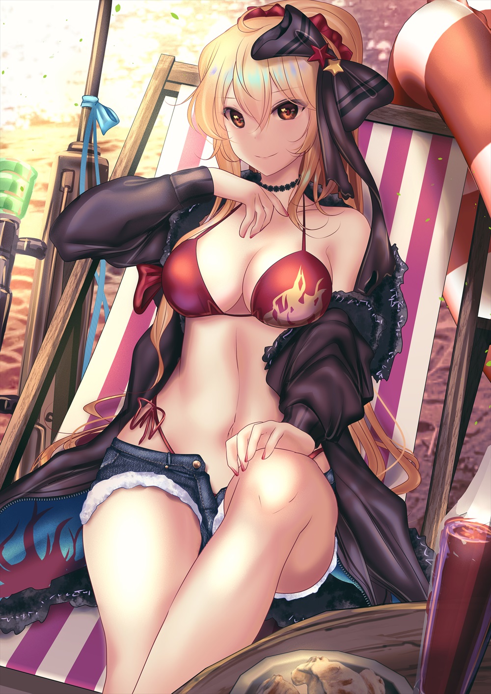 1girl, beach, beach_chair, bikini, black_bow, black_choker, blue_shorts, bow