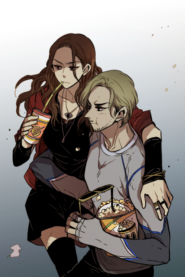 1boy, 1girl, arm_warmers, avengers:_age_of_ultron, avengers_(series), black_dress, black_eyes, black_pants