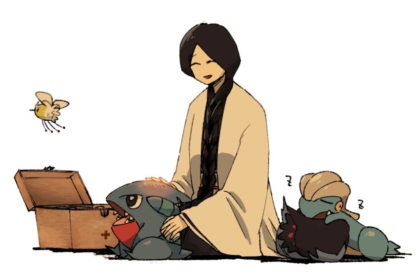 1girl, bagon, black_hair, bleach, braid, closed_eyes, crossover, cutiefly, deino_(pokemon), fangs, first_aid_kit, flying, gen_3_pokemon, gen_4_pokemon, gen_5_pokemon, gen_7_pokemon, gible, hand_on_animal, haori, healing, japanese_clothes, long_hair, long_sleeves, lying, lying_on_animal, mashita._(mentaiko_omoti), nintendo, open_mouth, pokemon, pokemon_(creature), shark_fin, single_braid, sitting, sleeping, taichou_haori, teeth, unohana_retsu, very_long_hair, white_background, wide_sleeves, wings, zzz