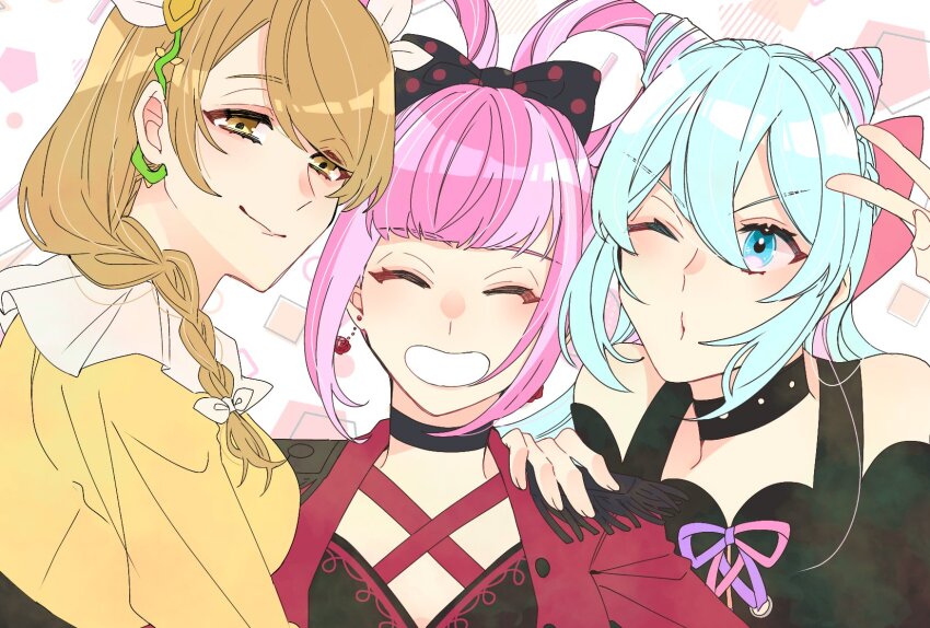 1boy, 2girls, black_choker, blue_eyes, blue_hair, blunt_bangs, braid, brown_eyes