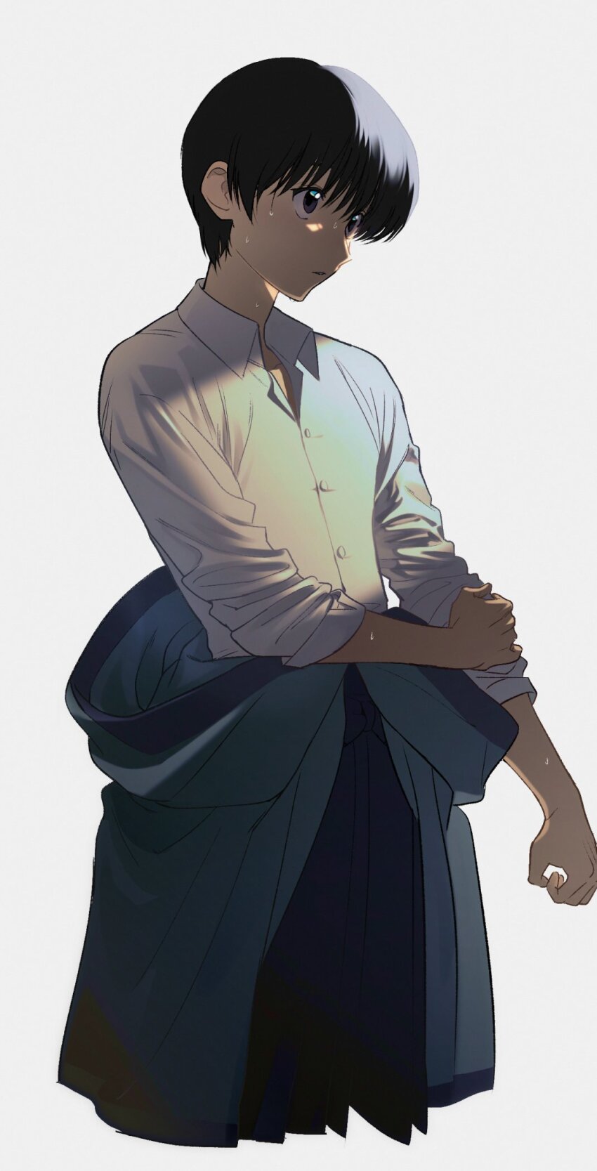 1boy, black_eyes, black_hair, blue_hakama, clothes_down, collared_shirt, cropped_legs, dress_shirt