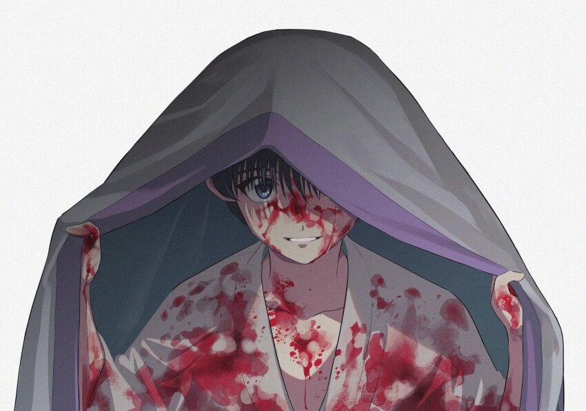 1boy, aged_down, black_hair, blood, blood_on_chest, blood_on_clothes, blood_on_face, blood_on_hands