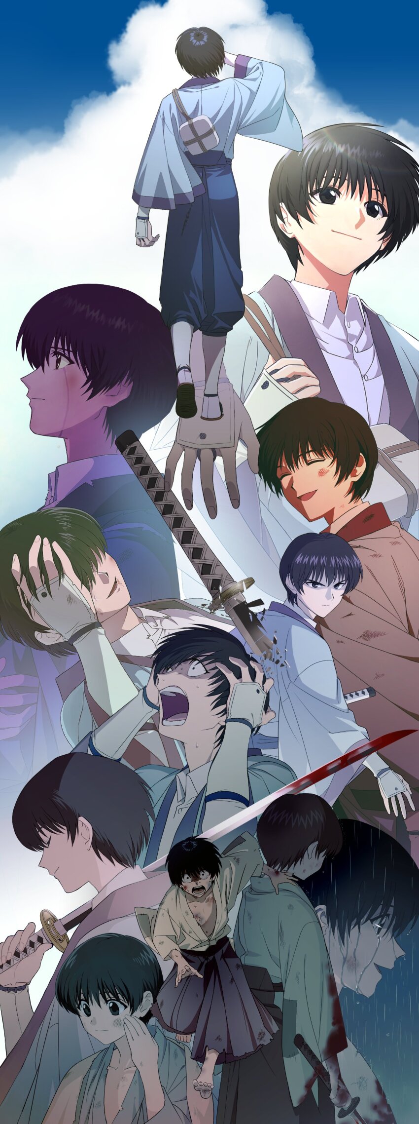 1boy, absurdres, age_progression, aged_down, arm_at_side, arm_guards, arm_up, barefoot