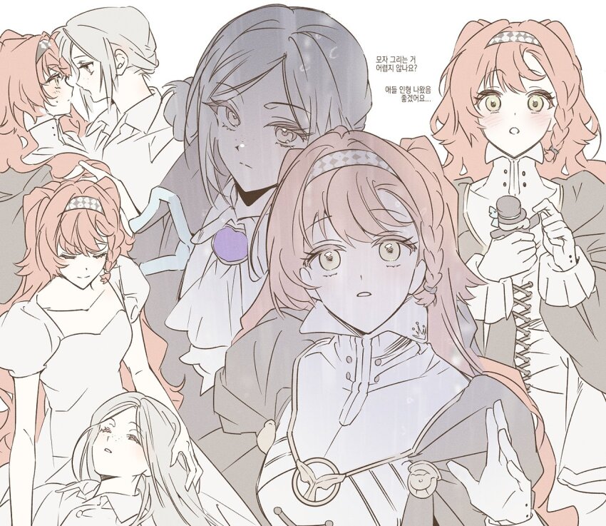 24heeju, 2girls, ascot, black_coat, blush, braid, brooch, character_doll, checkered_hairband, closed_eyes, coat, collared_shirt, commentary_request, doll, dress, embarrassed, forehead-to-forehead, freckles, gloves, grey_dress, grey_eyes, grey_hair, hair_bun, hair_down, hairband, heads_together, jewelry, korean_commentary, korean_text, long_hair, long_sleeves, multiple_girls, orange_hair, parted_lips, reverse:1999, shirt, side_braid, simple_background, single_side_bun, sleeping, sonetto_(reverse:1999), translation_request, vertin_(reverse:1999), white_ascot, white_background, white_dress, white_gloves, white_shirt, yuri