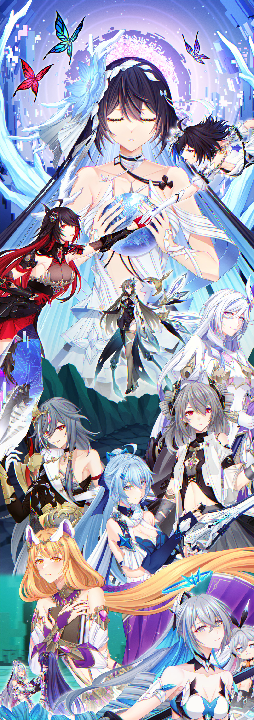 6+girls, absurdres, ahoge, animal, arabian_clothes, armpit_crease, asymmetrical_clothes, bare_shoulders