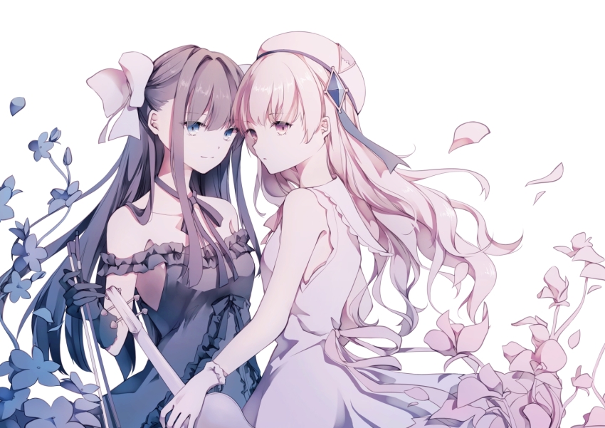 2girls, arcaea, bare_shoulders, beret, black_dress, black_hair, blue_eyes, bow