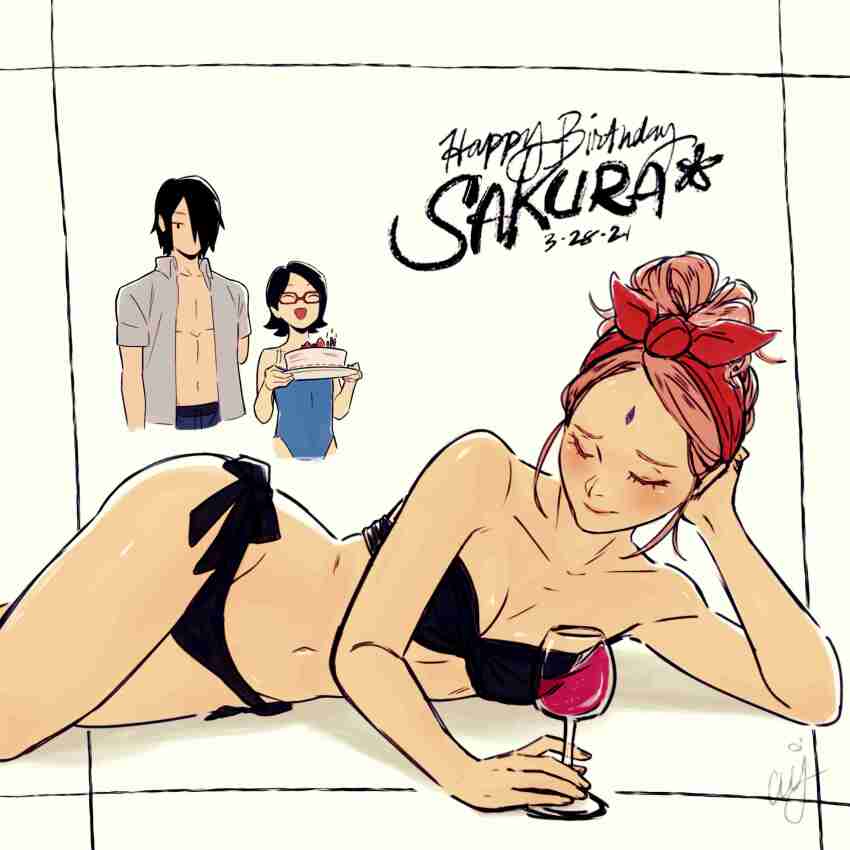 1boy, 2021, 2girls, absurdres, alcohol, alternate_hairstyle, amputee, bare_legs