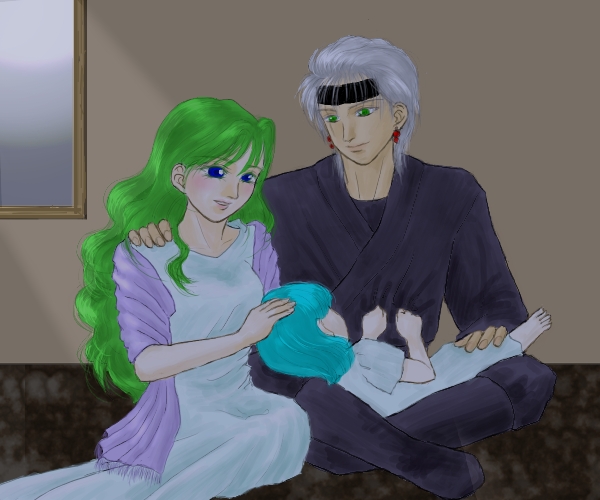 1990s_(style), blue_eyes, blue_hair, child, cuore, earrings, edward_geraldine, family, final_fantasy, final_fantasy_iv, final_fantasy_iv:_the_after_years, green_hair, headband, jewelry, jiafei, long_hair, retro_artstyle, rydia_(adult)_(ff4), rydia_(ff4), shawl, spoilers