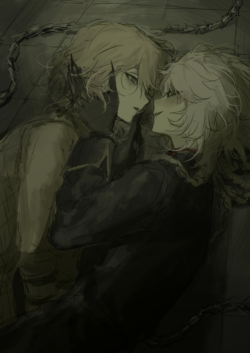 2girls, absurdres, check_gender, colored_sclera, eye_contact, fingernails, gender_request, hand_on_another's_cheek