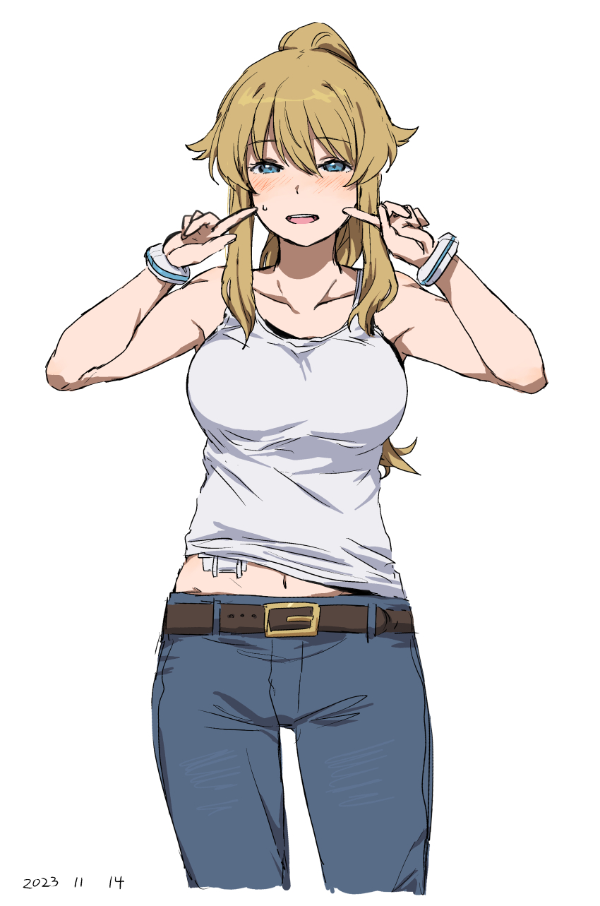 1girl, :d, absurdres, andreanof_pepesha, bare_shoulders, belt, blonde_hair, blue_eyes, blush, breasts, brown_belt, collarbone, cropped_legs, dated, denim, grey_background, hair_between_eyes, highres, jeans, large_breasts, navel, open_mouth, pants, pointing, pointing_at_self, ponytail, shirt, shy_(series), simple_background, smile, solo, sweatdrop, takatisakana, teeth, upper_teeth_only, white_shirt