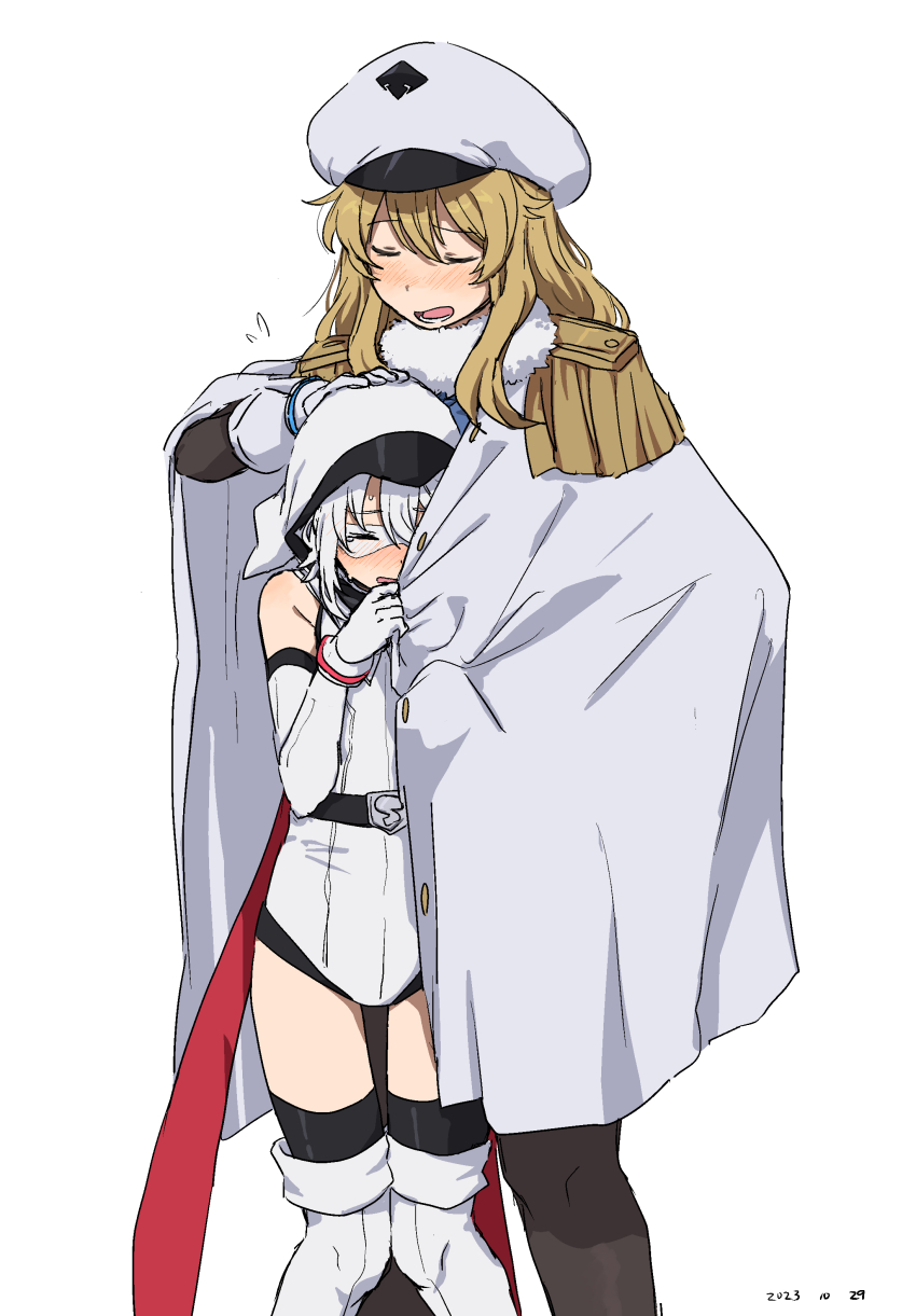 2girls, absurdres, andreanof_pepesha, belt, black_belt, black_thighhighs, blonde_hair, blush