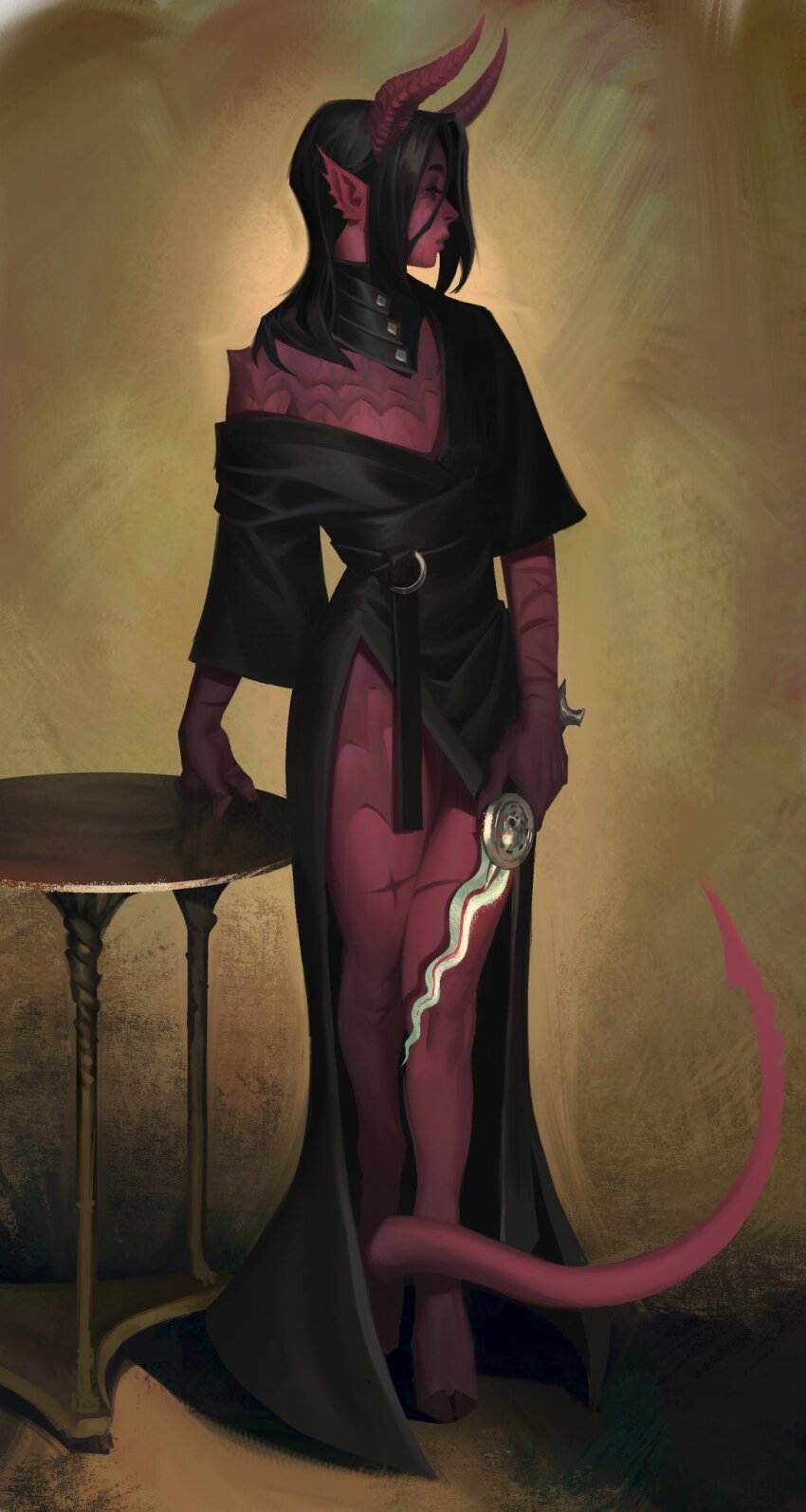 1girl, baldur's_gate, barefoot, black_dress, black_hair, brown_background, colored_skin, demon_girl, demon_horns, demon_tail, dress, dungeons_&amp;_dragons, fine_art_parody, full_body, gradient_background, highres, holding, holding_knife, hooves, horns, knife, long_hair, long_sleeves, looking_to_the_side, off_shoulder, original, parody, pointy_ears, profile, red_skin, scar, scar_on_arm, single_bare_shoulder, solo, sweetlychii, table, tail, tav_(baldur's_gate)