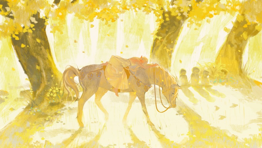 1girl, absurdres, autumn_leaves, bare_shoulders, barefoot, blonde_hair, closed_eyes, dress