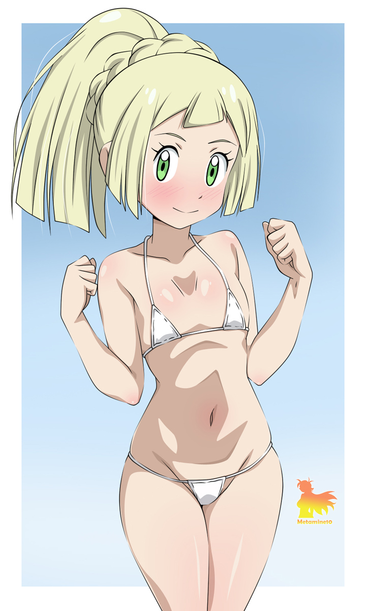 1girl, artist_name, bikini, blonde_hair, blue_background, blush, border, braid, clenched_hands, closed_mouth, collarbone, commentary_request, cowboy_shot, curvy, eyelashes, green_eyes, hands_up, highres, lillie_(pokemon), long_hair, metaminegl, micro_bikini, navel, nintendo, pokemon, pokemon_sun_and_moon, ponytail, ponytail_with_braided_base, shiny_skin, smile, solo, spanish_commentary, swimsuit, thong, thong_bikini, white_bikini, white_border, wide_hips