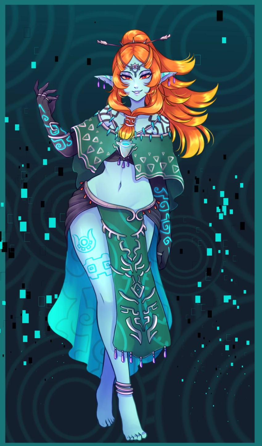 1girl, alternate_costume, alternate_hairstyle, aqua_background, black_background, black_skin, blue_skin, blush, body_markings, chanpotei, colored_skin, earrings, fang, feet, fingernails, full_body, highres, jewelry, looking_at_viewer, midna, midna_(true), navel, nintendo, orange_hair, pointy_ears, red_eyes, ring, sharp_fingernails, skirt, smile, tattoo, teeth, the_legend_of_zelda, the_legend_of_zelda:_tears_of_the_kingdom, the_legend_of_zelda:_twilight_princess, tunic