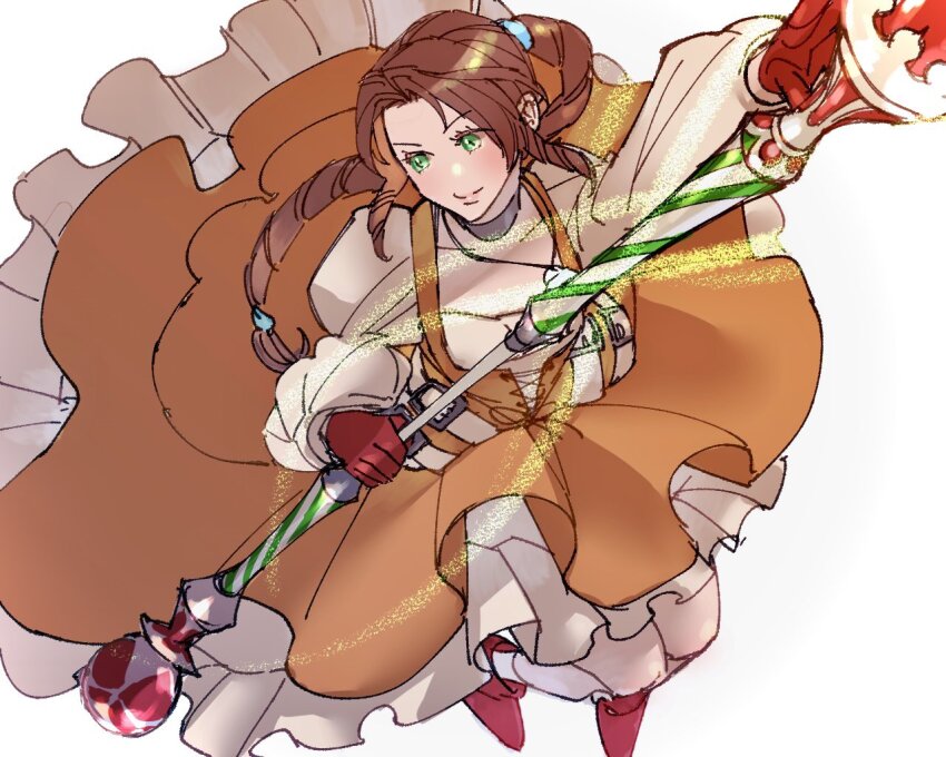 1girl, aerith_gainsborough, belt_buckle, boots, brown_hair, buckle, choker, commentary, corset, cosplay, curly_hair, dress, final_fantasy, final_fantasy_ix, final_fantasy_vii, final_fantasy_vii:_ever_crisis, frilled_dress, frills, from_above, garnet_til_alexandros_xvii, garnet_til_alexandros_xvii_(cosplay), gloves, green_eyes, high_ponytail, holding, holding_staff, holding_weapon, in-franchise_crossover, jewelry, juliet_sleeves, jumping, long_hair, long_sleeves, mage_staff, magic, necklace, orange_corset, orange_dress, ponytail, puffy_long_sleeves, puffy_sleeves, red_boots, red_gloves, ryouto, sidelocks, smile, solo, staff, wavy_hair, weapon