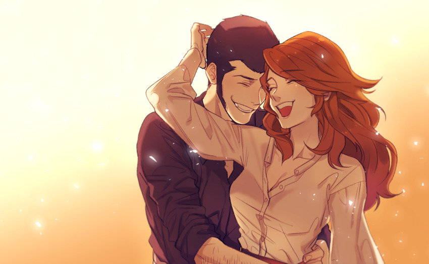 1boy, 1girl, arsene_lupin_iii, black_hair, black_shirt, brown_hair, clenched_teeth, closed_eyes, commentary_request, facial_hair, halorane, long_hair, long_sideburns, long_sleeves, lupin_iii, mine_fujiko, open_mouth, shirt, short_hair, sideburns, smile, teeth, white_shirt