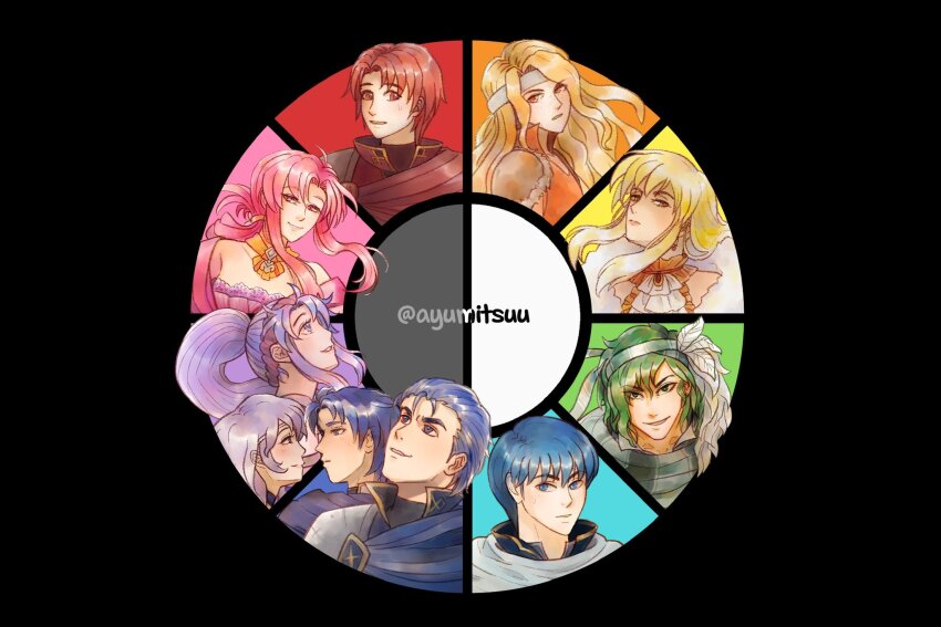 ayumitsuu, azelle_(fire_emblem), blonde_hair, blue_hair, brigid_(fire_emblem), closed_mouth, color_wheel_challenge, deirdre_(fire_emblem)