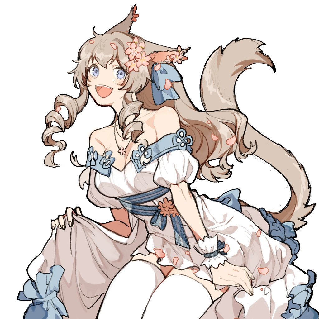 1girl, :d, animal_ears, back_bow, bare_shoulders, blue_eyes, bow, breasts