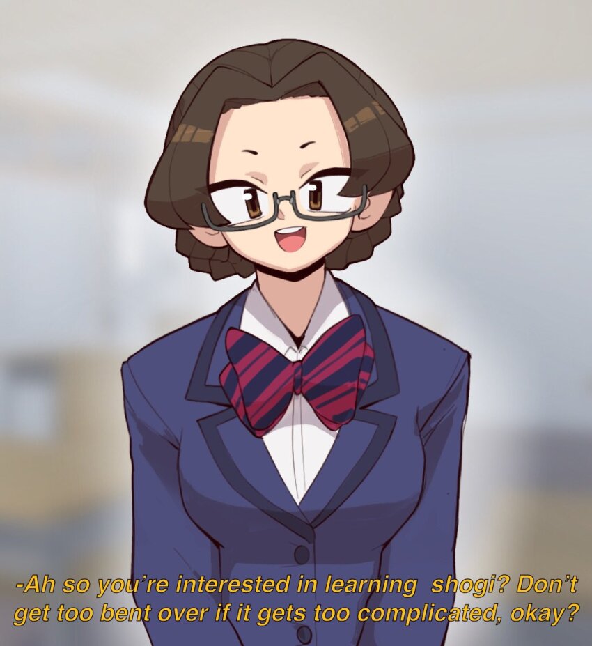 1girl, blazer, blue_jacket, blurry, blurry_background, bow, bowtie, breasts, brown_eyes, brown_hair, english_text, glasses, highres, jacket, katou_mikuni, komi-san_wa_komyushou_desu, looking_at_viewer, medium_breasts, nudiedoodles, open_mouth, school_uniform, short_hair, smile, solo, subtitled, upper_body