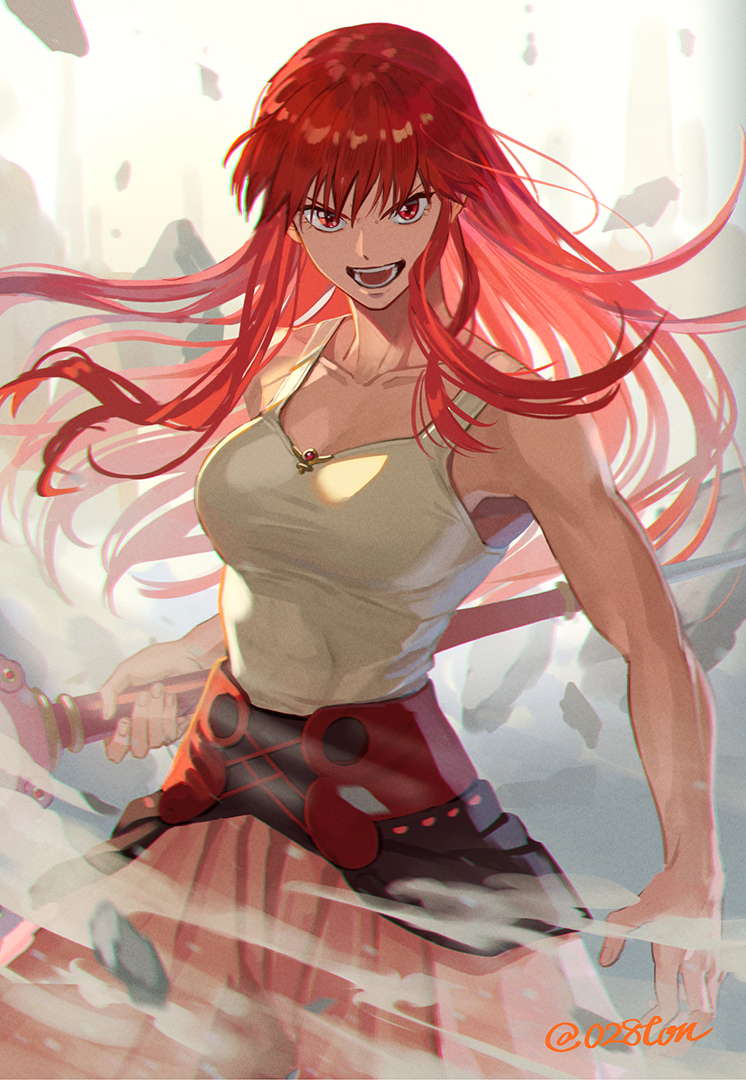 1girl, breasts, highres, konjiki_no_gash!!, konjiki_no_gash!!_2, large_breasts, long_hair, muscular, muscular_female, otton, red_eyes, red_hair, solo, tank_top, tio_(konjiki_no_gash!!)