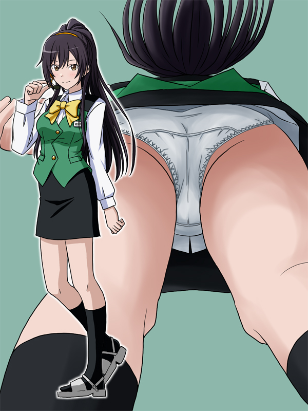 1girl, ass, black_hair, black_skirt, black_socks, bow, commentary_request, commission