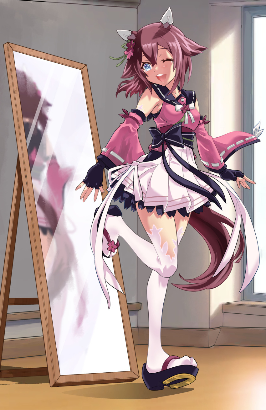 1girl, ;d, absurdres, animal_ears, armpits, bare_shoulders, blue_eyes, breasts