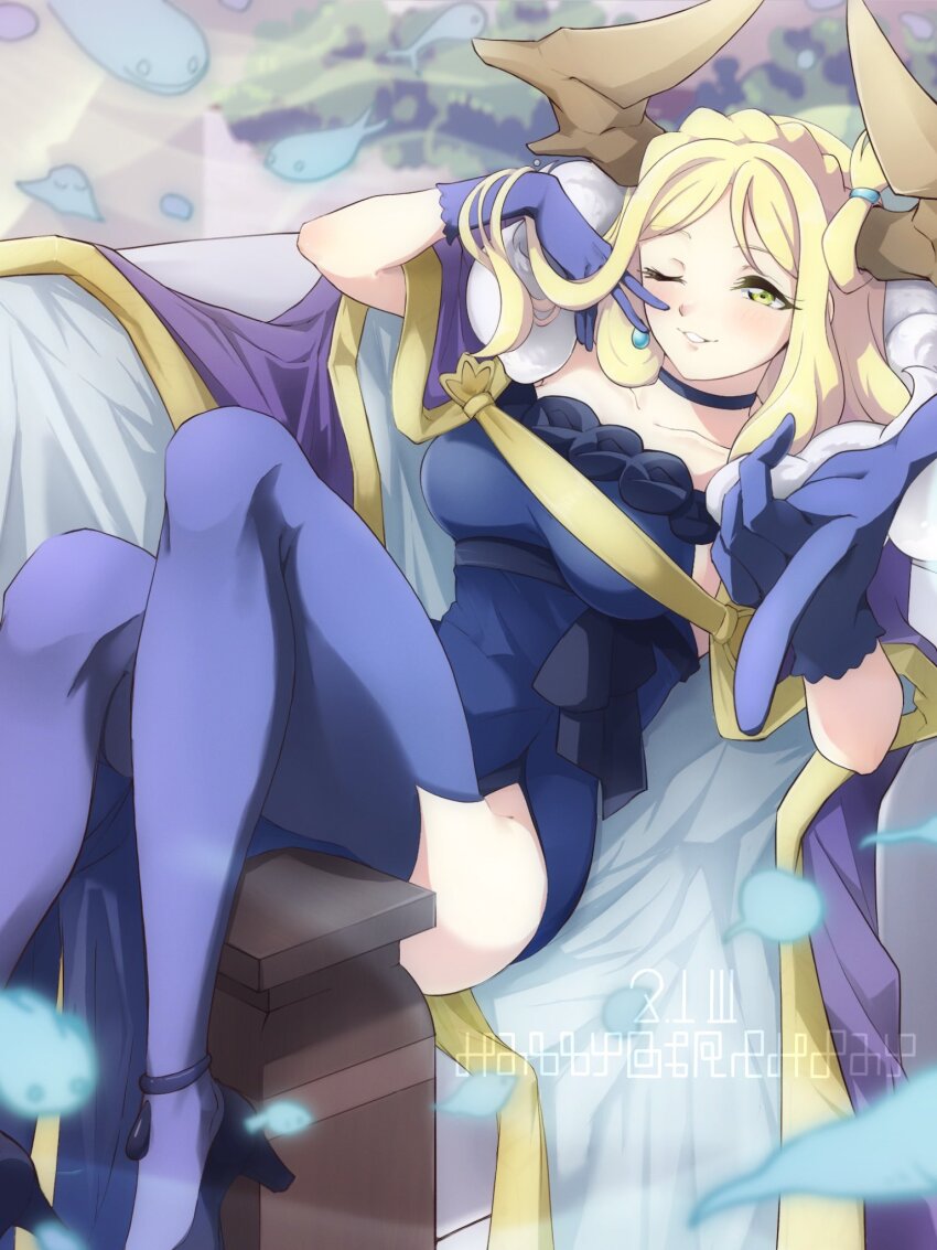 1girl, akira_hjk, blonde_hair, blue_dress, blue_thighhighs, cape, choker, demon_horns