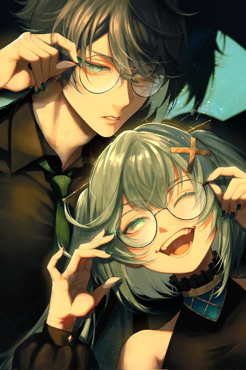 1boy, 1girl, alhaitham_(genshin_impact), alternate_costume, aqua_eyes, black_shirt, blue_hair, faruzan_(genshin_impact)