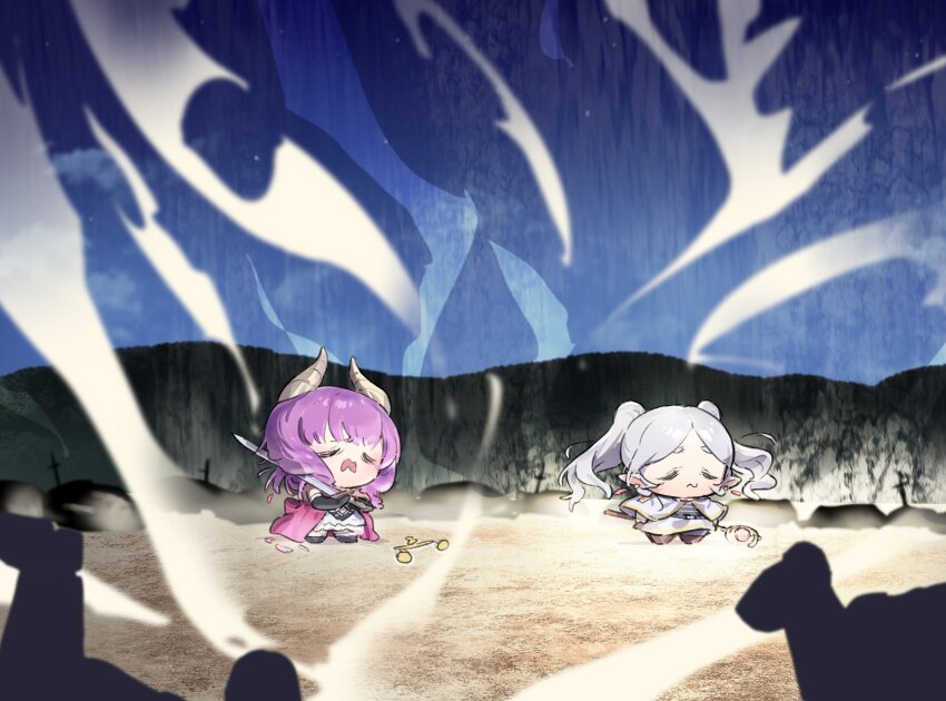 2girls, absurdres, armor, aura_(sousou_no_frieren), balance_scale, chibi, closed_eyes, closed_mouth