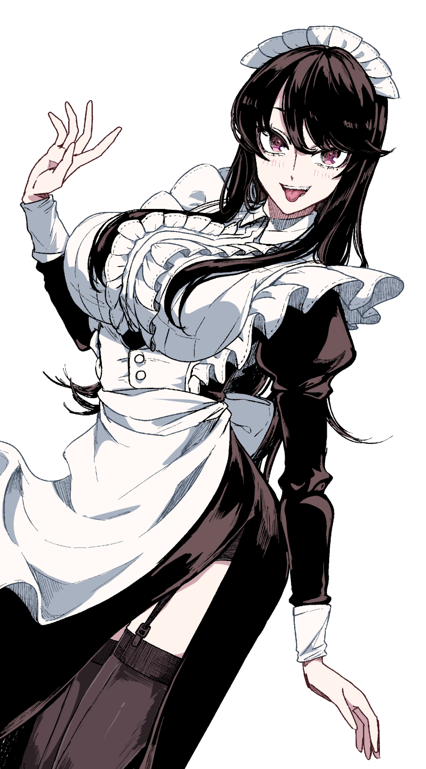 1girl, absurdres, apron, arm_at_side, black_dress, black_hair, black_thighhighs, breasts