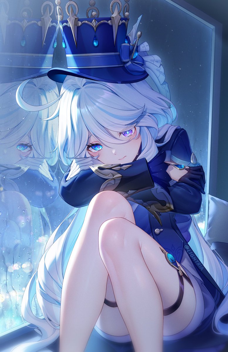 1girl, blue_eyes, blue_hair, blue_hat, blue_jacket, commentary_request, curled_up, duplicate