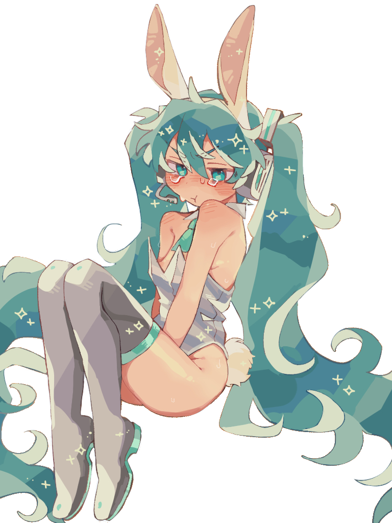 1girl, :t, animal_ears, aqua_eyes, aqua_hair, blush, boots, crying, crying_with_eyes_open, fake_animal_ears, fake_tail, fukomo, full_body, hair_between_eyes, hair_ornament, hatsune_miku, headband, headphones, long_hair, playboy_bunny, pout, rabbit_ears, rabbit_tail, simple_background, solo, sparkle, sweat, tail, tears, thigh_boots, twintails, very_long_hair, vocaloid, white_background, white_boots