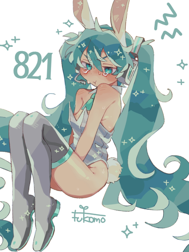 1girl, :t, animal_ears, aqua_eyes, aqua_hair, artist_name, blush, boots