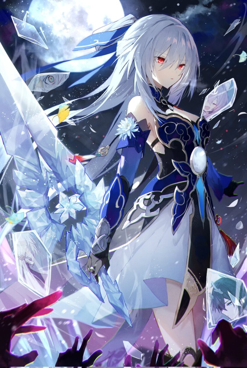 1girl, animal_ears, arm_up, baiheng_(honkai:_star_rail), bare_shoulders, black_gloves, black_hair, blade_(honkai:_star_rail), blue_sleeves, closed_eyes, corrupted_twitter_file, crystal_sword, dan_heng_(honkai:_star_rail), dan_heng_(imbibitor_lunae)_(honkai:_star_rail), detached_sleeves, dragon_horns, epiphyllum, flower, fox_ears, full_moon, ghost_hands, glass_shards, gloves, hair_between_eyes, high_ponytail, highres, holding, holding_sword, holding_weapon, honkai:_star_rail, honkai_(series), horns, ice_shard, jing_yuan, jingliu_(honkai:_star_rail), long_hair, moon, night, petals, ponytail, purple_hair, red_eyes, skirt, sky, solo, sword, tassel, weapon, white_flower, white_hair, white_skirt, yingxing_(honkai:_star_rail), yuuta_roo