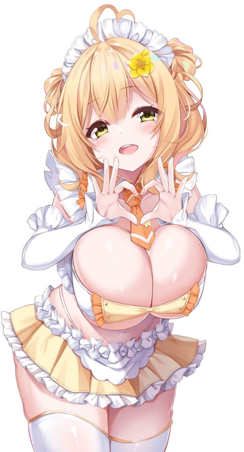1girl, absurdres, ahoge, anto_mel, aria_(koiiroharemoyou), blonde_hair, breasts, cleavage, commentary_request, cowboy_shot, detached_sleeves, double-parted_bangs, double_bun, eyelashes, fingernails, flower, frilled_sleeves, frills, green_eyes, hair_between_eyes, hair_bun, hair_flower, hair_ornament, hands_up, happy, heart, heart_ahoge, heart_hands, highleg, highleg_panties, highres, indie_virtual_youtuber, large_breasts, looking_at_viewer, maid_headdress, medium_hair, miniskirt, mole, mole_under_eye, navel, necktie, open_mouth, orange_necktie, panties, pleated_skirt, short_necktie, simple_background, skindentation, skirt, sleeves_past_wrists, smile, solo, standing, teeth, thighhighs, underwear, upper_teeth_only, virtual_youtuber, white_background, white_panties, white_sleeves, white_thighhighs, yellow_flower, yellow_skirt, zettai_ryouiki