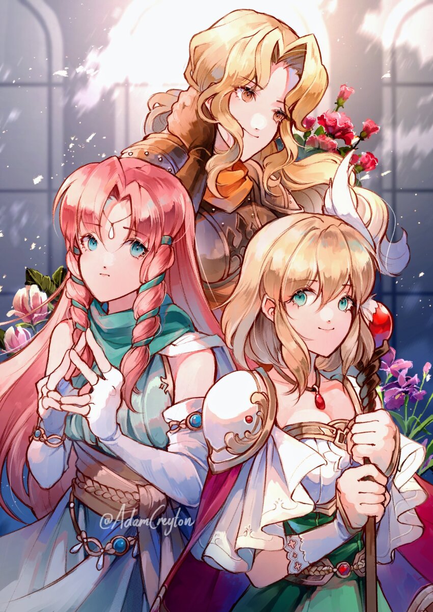 3girls, armor, blonde_hair, blue_eyes, brigid_(fire_emblem), brown_gloves, circlet, closed_mouth