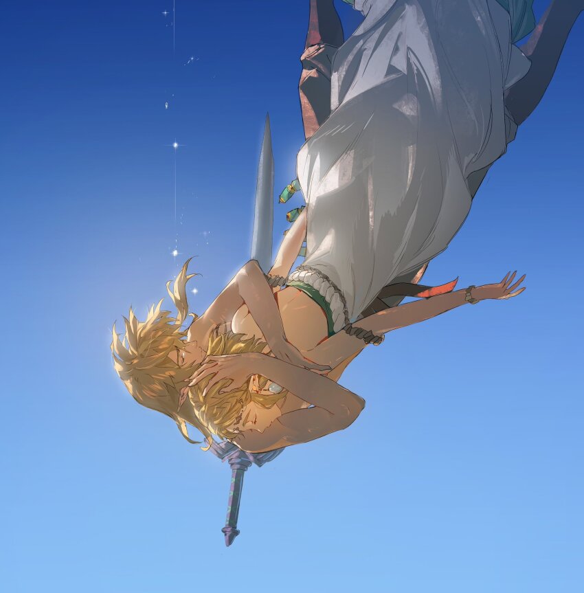 1boy, 1girl, animal_ears, armlet, arms_at_sides, bare_arms, bare_back, bare_shoulders, blonde_hair, blue_background, blue_sky, boots, bracelet, clear_sky, closed_eyes, commentary, couple, crying, day, dress, earrings, english_commentary, falling, feet_out_of_frame, floating_hair, grey_pants, hair_down, hand_on_another's_arm, hand_on_another's_head, hetero, highres, holding, holding_behind_back, holding_sword, holding_sword_behind_back, holding_weapon, holding_weapon_behind_back, hug, jewelry, knee_boots, kukuish, link, long_hair, midair, mixed-language_commentary, nintendo, pants, pointy_ears, princess_zelda, short_hair, sidelocks, sky, sparkle, strapless, strapless_dress, sword, the_legend_of_zelda, the_legend_of_zelda:_tears_of_the_kingdom, tiara, topless_male, unconscious, upside-down, weapon, white_dress