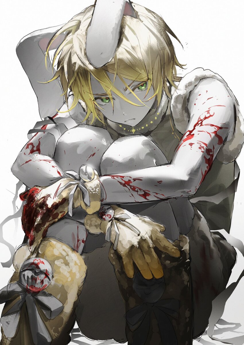 1boy, animal_ears, bell, blonde_hair, blood, blood_on_arm, blood_on_hands, blood_on_leg