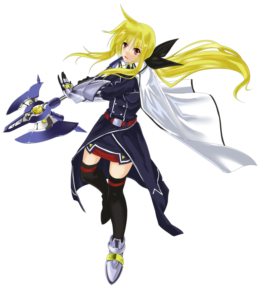 00s, bad_id, bad_pixiv_id, bardiche_(nanoha), bardiche_(riot_zanber_ii)_(nanoha), blonde_hair, cape, fate_testarossa, fate_testarossa_(impulse_form), gauntlets, hair_ribbon, highres, long_hair, lyrical_nanoha, mahou_senki_lyrical_nanoha_force, mahou_shoujo_lyrical_nanoha, ponytail, red_eyes, ribbon, solo, sougetsu_izuki, thighhighs, weapon