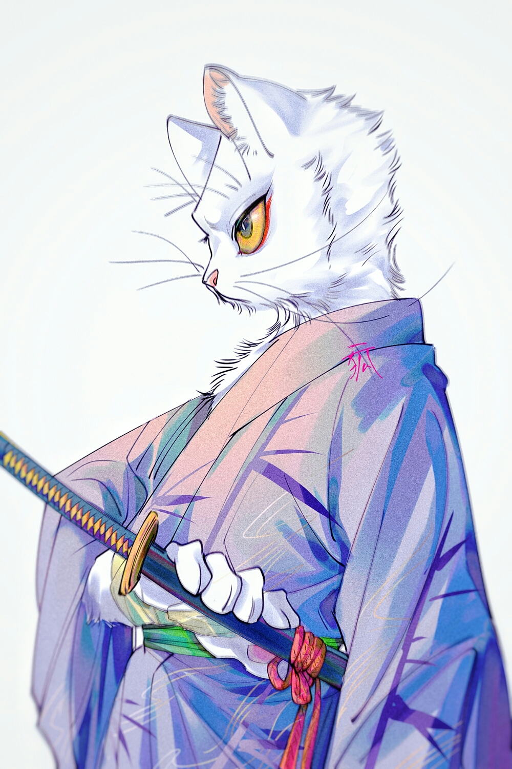 animal, animal_focus, bing_li, blurry, cat, clothed_animal, colored_sclera, da_li_si_rizhi, da_li_si_rizhi_(white_cat_of_legend), depth_of_field, eyeliner, fighting_stance, from_side, grey_eyes, hand_up, highres, japanese_clothes, katana, kimono, long_sleeves, looking_ahead, makeup, profile, purple_kimono, ready_to_draw, sash, simple_background, solo, songyeerhu, sword, upper_body, weapon, white_background, yellow_sclera
