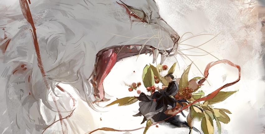 1boy, absurdres, bing_li, black_footwear, black_hair, black_robe, blank_eyes, bleeding, blood, branch, chinese_clothes, da_li_si_rizhi, da_li_si_rizhi_(white_cat_of_legend), eating, food, from_side, fruit, grey_pants, hair_bun, highres, in_tree, long_sleeves, male_focus, mini_person, miniboy, open_mouth, panni_xing, pants, robe, shi_chen, shoes, single_hair_bun, size_difference, tears, tongue, tree, updo