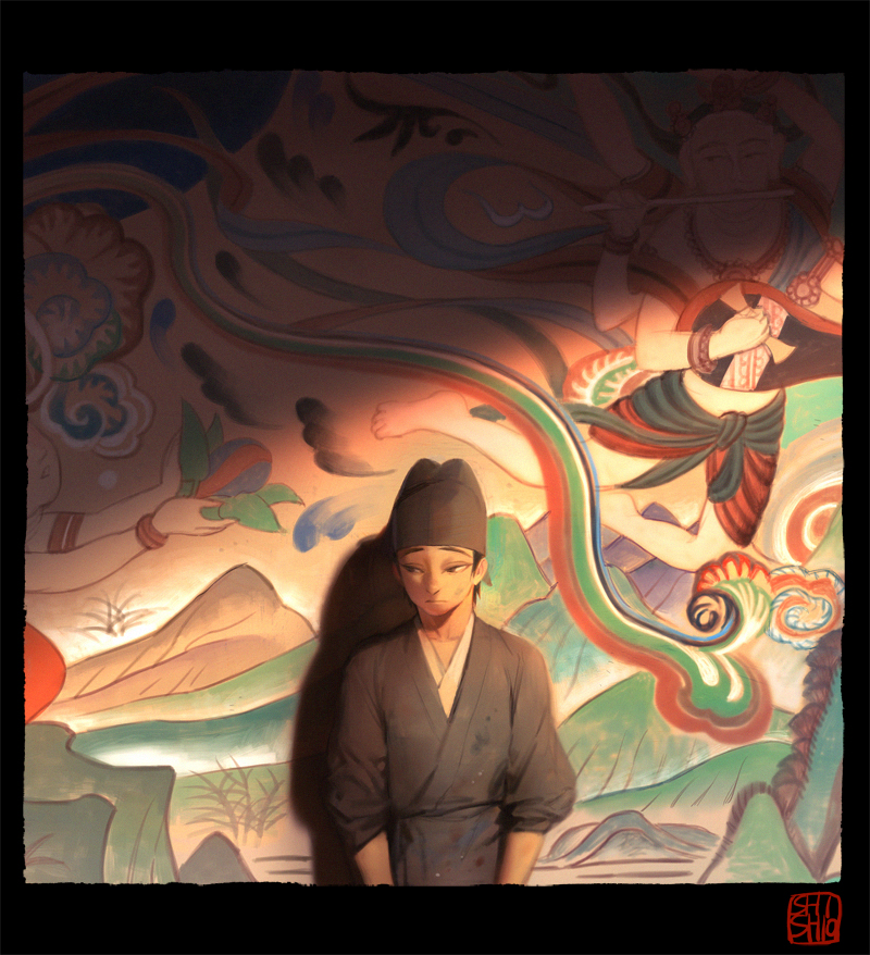 1boy, bei_cui, black_hair, black_headwear, border, chinese_clothes, da_li_si_rizhi, da_li_si_rizhi_(white_cat_of_legend), dirty, dirty_clothes, frown, futou, guan_hat, jin_(headwear), looking_down, looking_to_the_side, male_focus, painting_(object), sad, sash, shishio_(shishio5431), short_hair, sideways_glance, solo, three-quarter_sleeves, upper_body