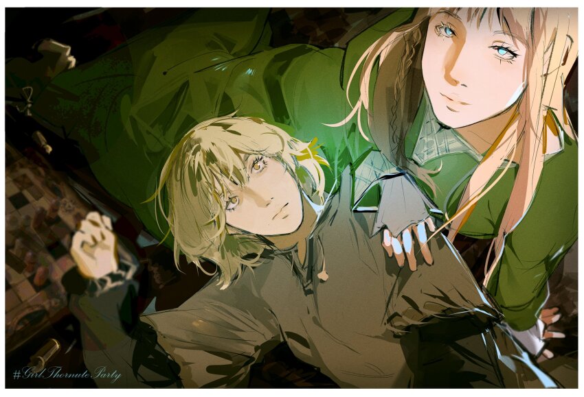 2girls, blonde_hair, blue_eyes, board_game, braid, brown_eyes, canute, canutie