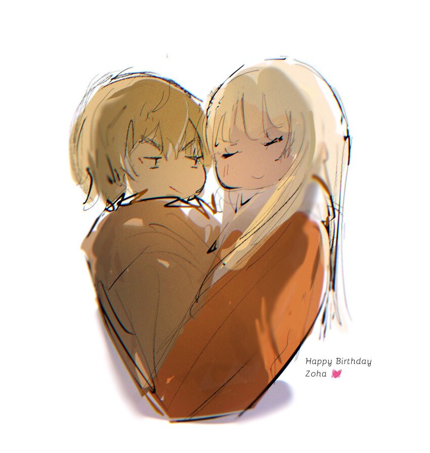 2boys, blonde_hair, canute, canutie, cloak, closed_eyes, closed_mouth, english_text