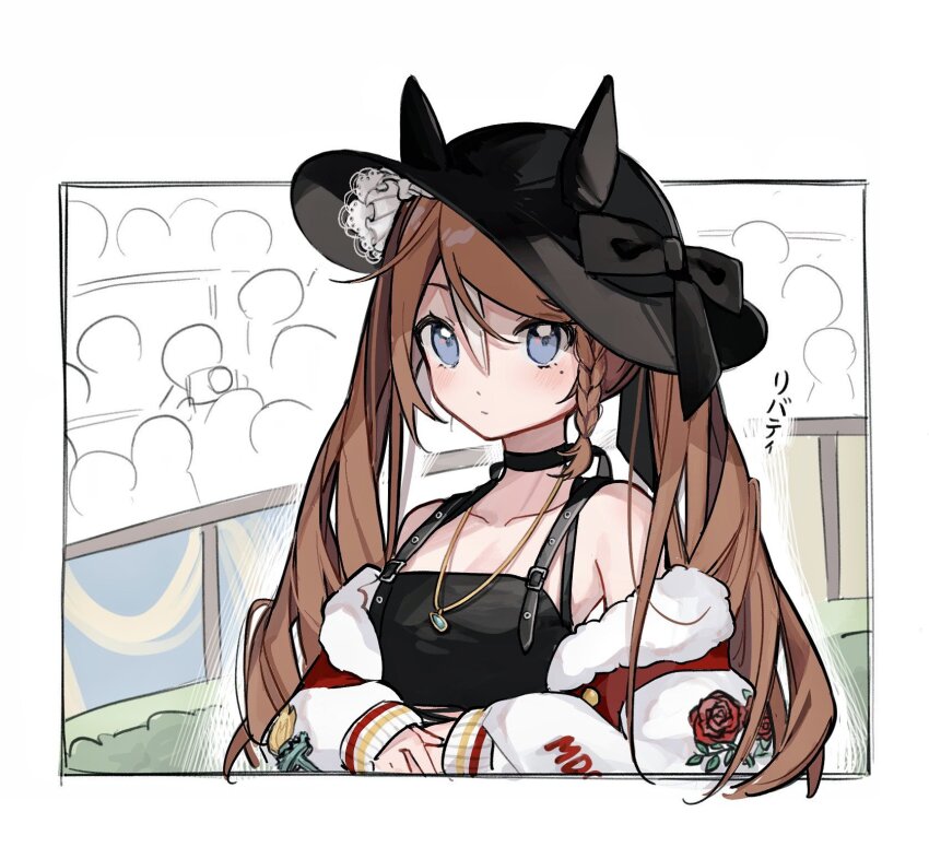 1girl, animal_ears, blue_eyes, blush, braid, breasts, closed_mouth, fence